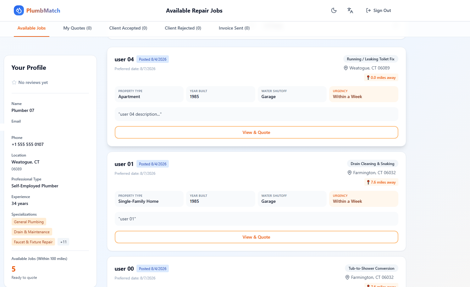 PlumbMatch provider dashboard showing a list of available repair jobs nearby
