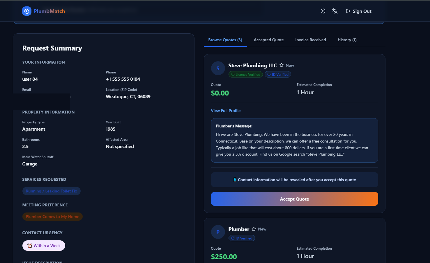 Homeowner dashboard comparing quotes from multiple plumbers, including one from a licensed plumbing company, with names kept private until a quote is accepted