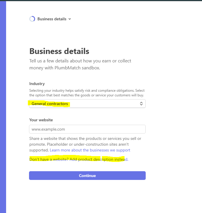 Stripe onboarding form asking for a business website, with a link to add a product description instead