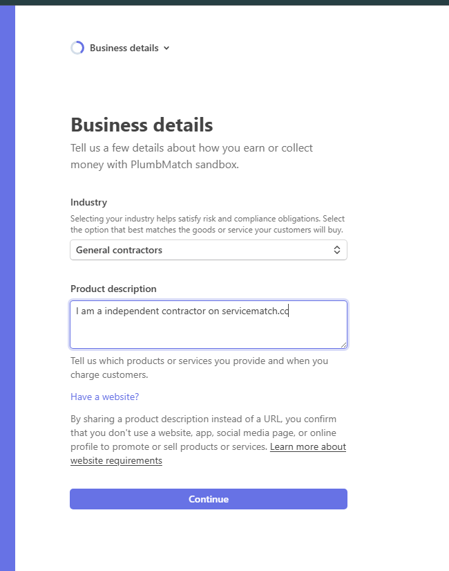 Stripe onboarding form with a product description filled in instead of a website