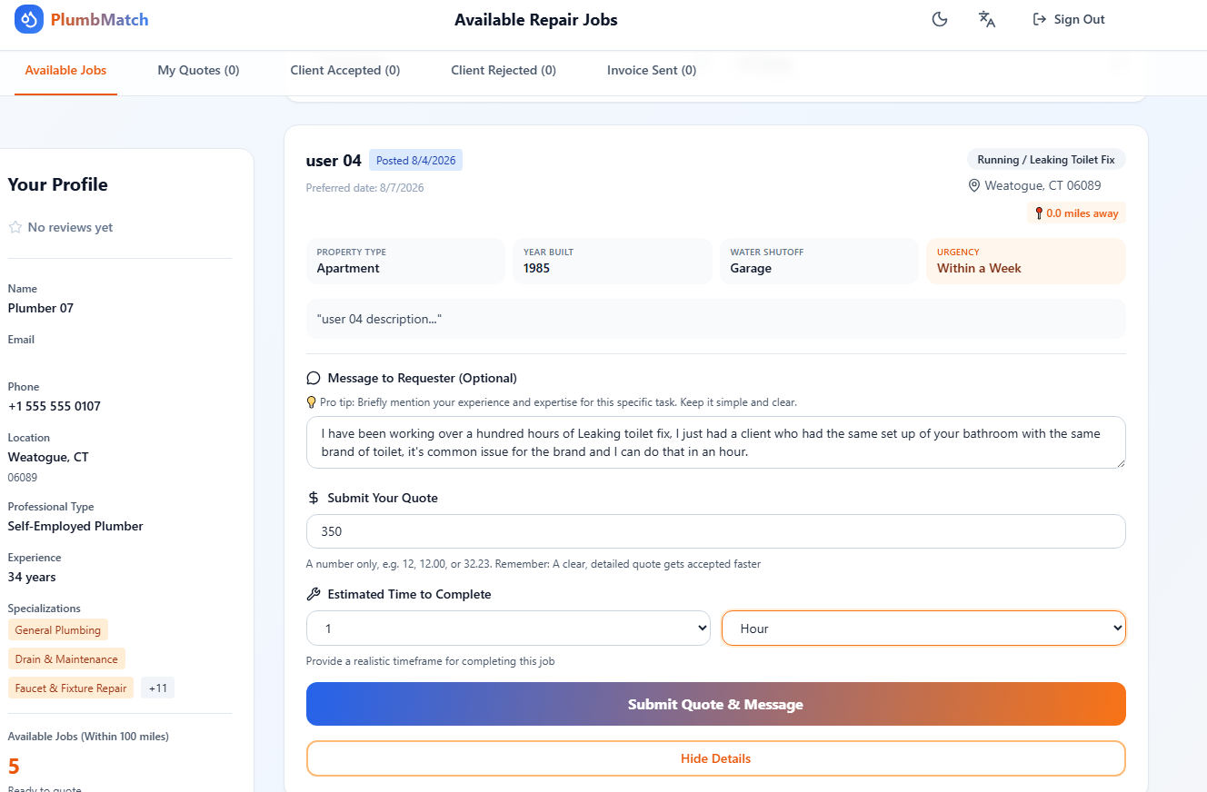 PlumbMatch provider submitting a price quote and estimated completion time for a repair job