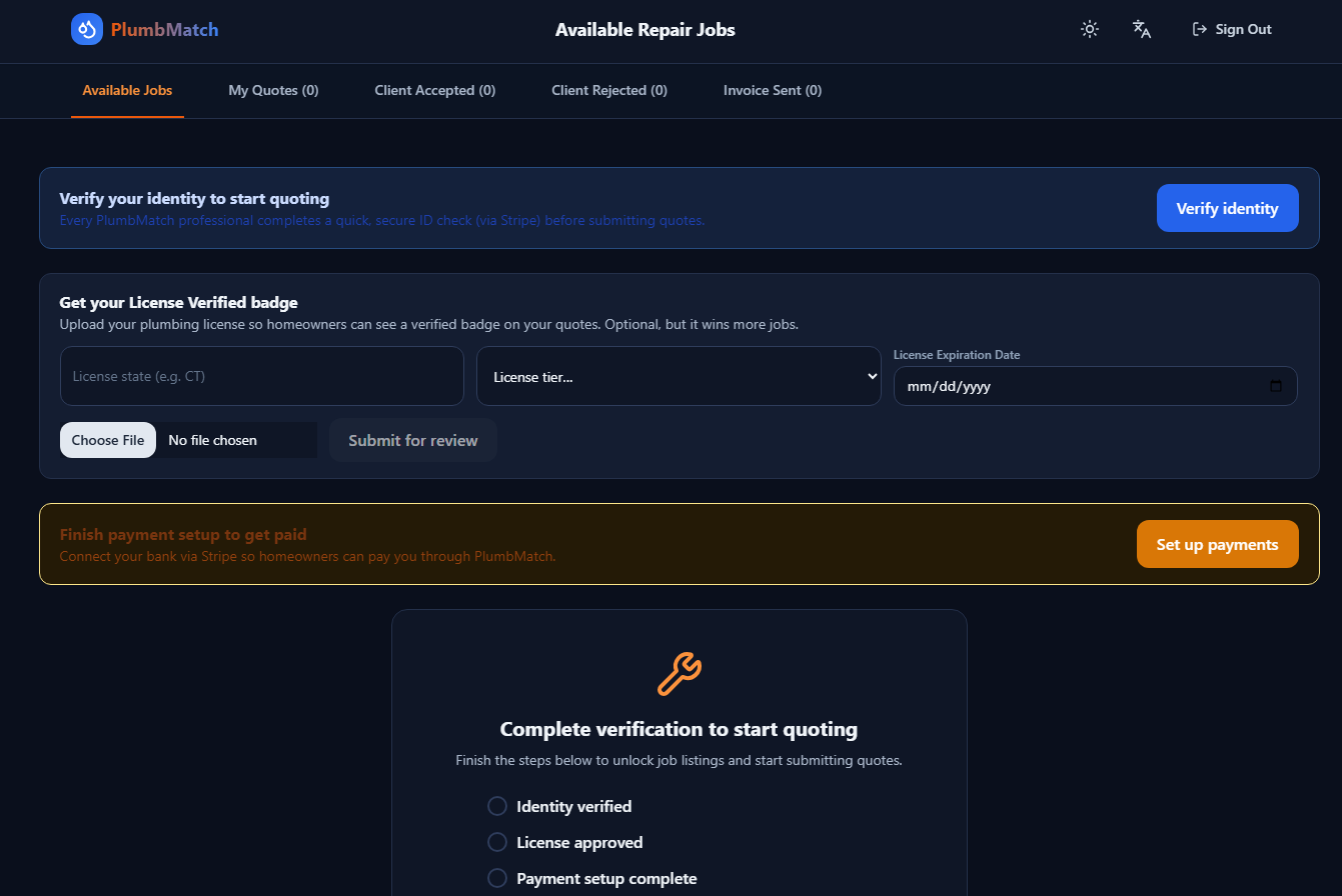 PlumbMatch provider dashboard showing a verification checklist: identity verified, license approved, payment setup complete